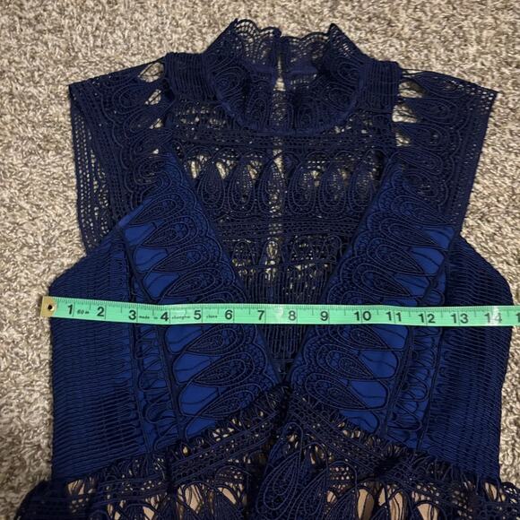Self Portrait Teardrop Paneled Guipure Lace Mini Dress Holiday Blue Size 4 - Picture 11 of 11